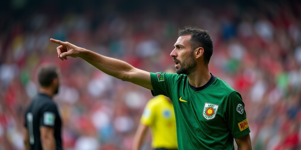 a man pointing at something while standing next to a crowd of people in a stadium with a referee beh