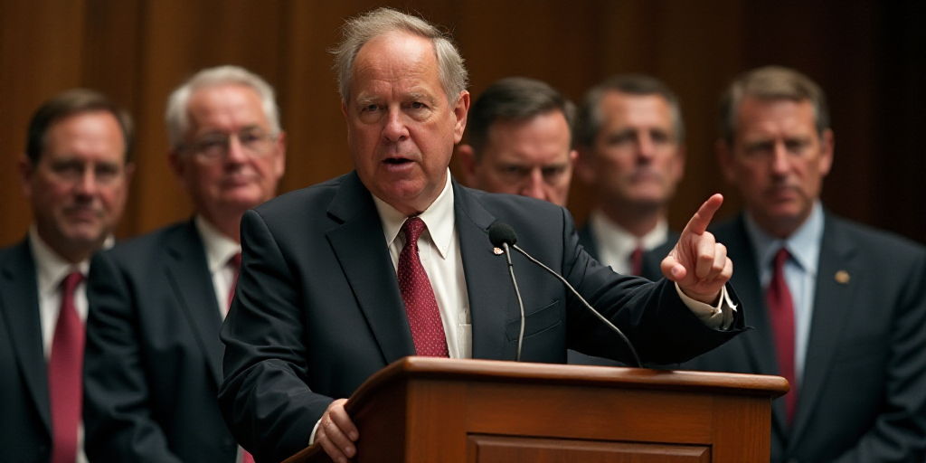 a man pointing at something while standing at a podium with other men behind him and a microphone in