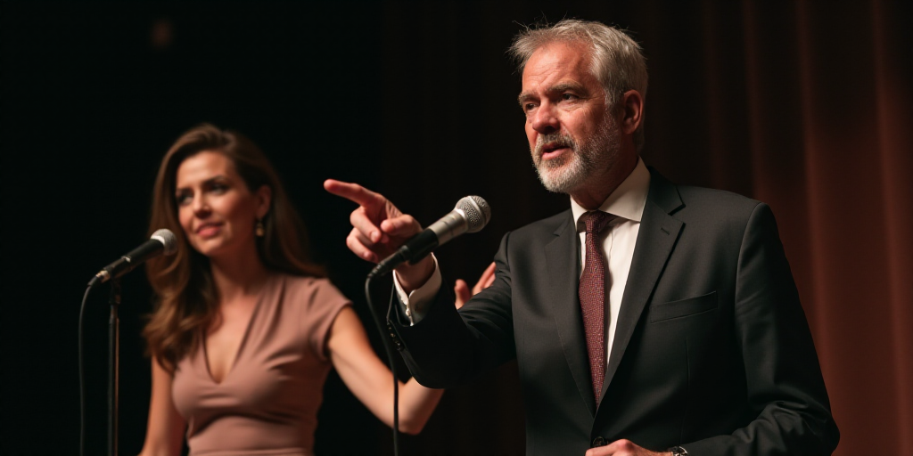 a man pointing at something while standing in front of a microphone and a woman behind him with a mi