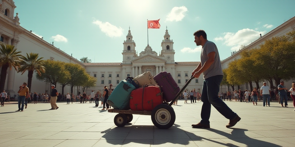 a man pushing a cart with luggage on it in a plaza with people walking around and a flag flying in t
