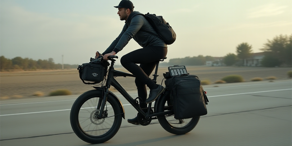 a man riding a bike with a cell phone and a bag on the back of it and a calculator, Ed Benedict, tec
