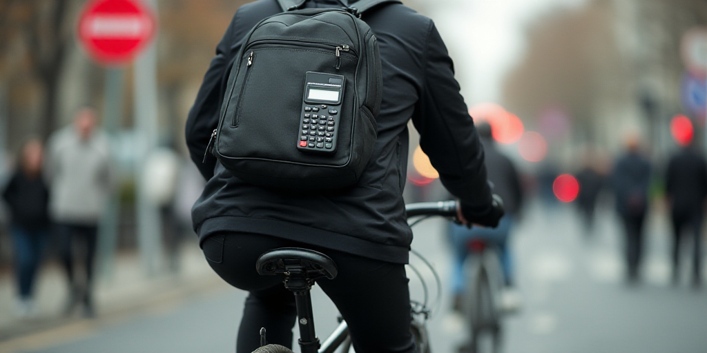 a man riding a bike with a cell phone and a bag on the back of it and a calculator, Ed Benedict, tec