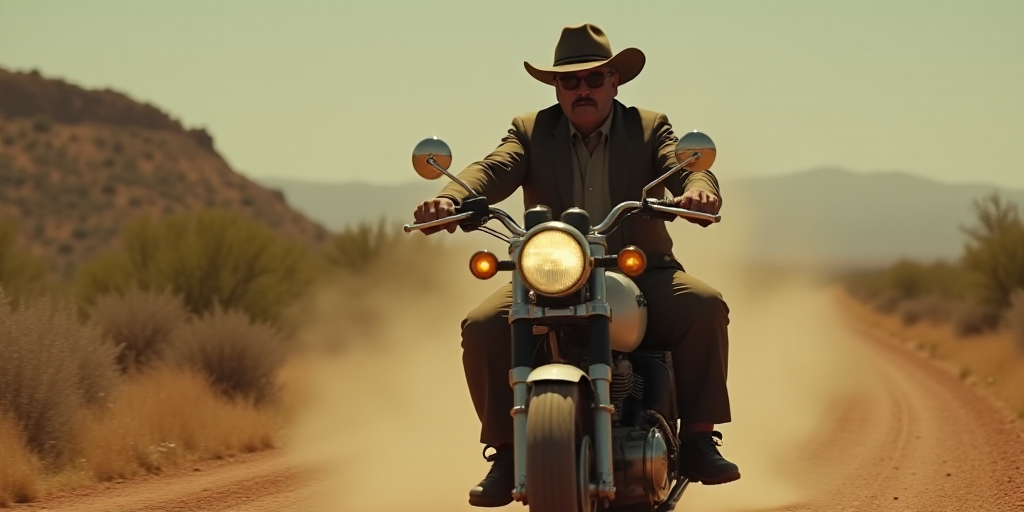 a man riding a motorcycle down a dirt road with a gun in his hand and another man on the back of the