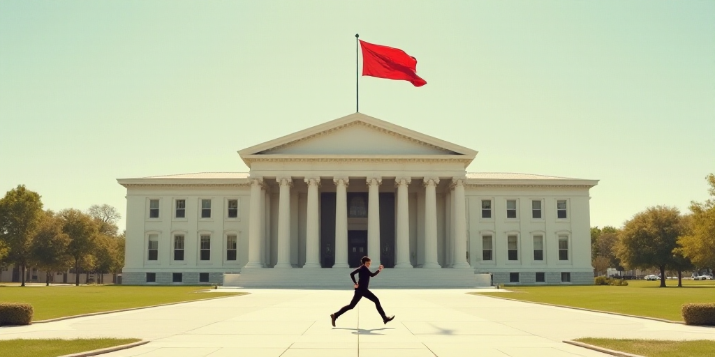 a man running in front of a building with a flag on top of it and a flag flying in the wind, Dennis