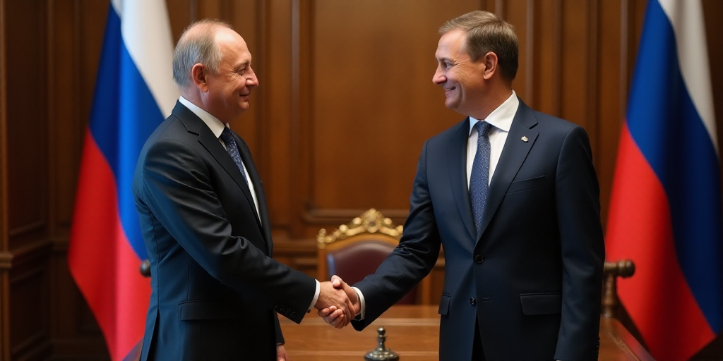 a man shaking hands with another man in a suit and tie in front of a table with a flag, Boris Vladim