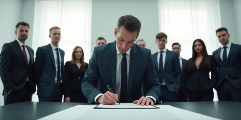 a man signing a document in front of a group of people in suits and ties in a white room, amano, ue