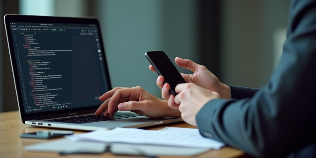a man sitting at a desk using a laptop computer and holding a cell phone in his hand and looking at