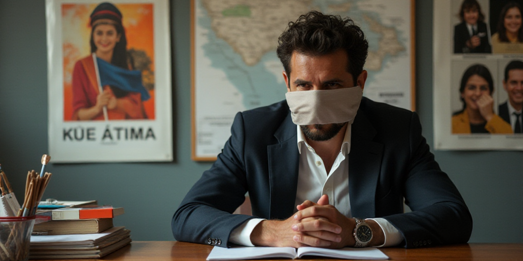 a man sitting at a desk with a poster of a woman holding a flag and a man covering his face, Alejand