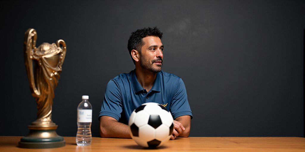 a man sitting at a table with a soccer ball in front of him and a bottle of water in front of him, D