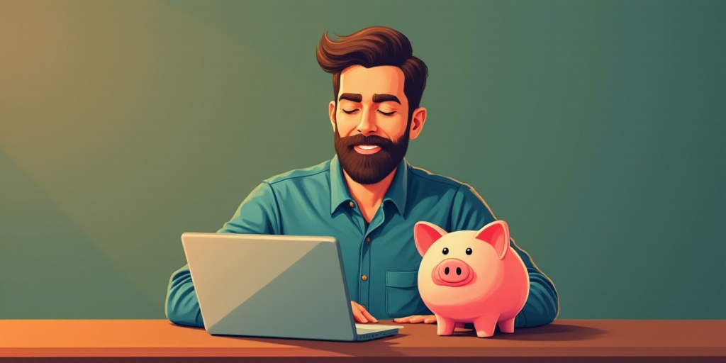 a man sitting at a table with a laptop computer in front of him and a piggy bank behind him, Conrad