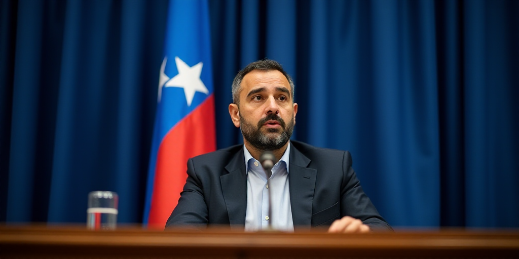 a man sitting at a table with a microphone in front of him and a flag behind him in front of a blue
