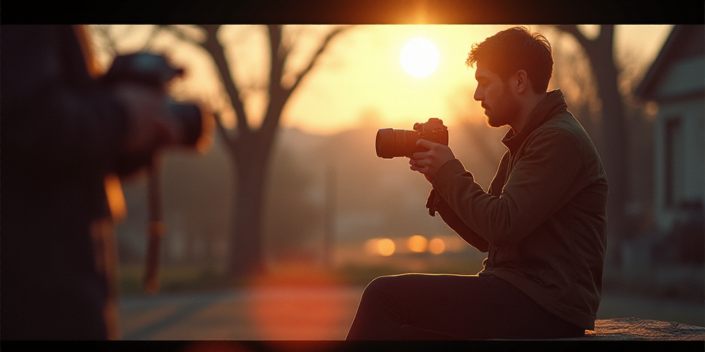 a man sitting down with a camera in his hand and a camera in his other hand, with a person holding a