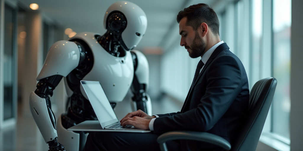 a man sitting in a chair with a laptop in front of him and a robot behind him, both of which are wea