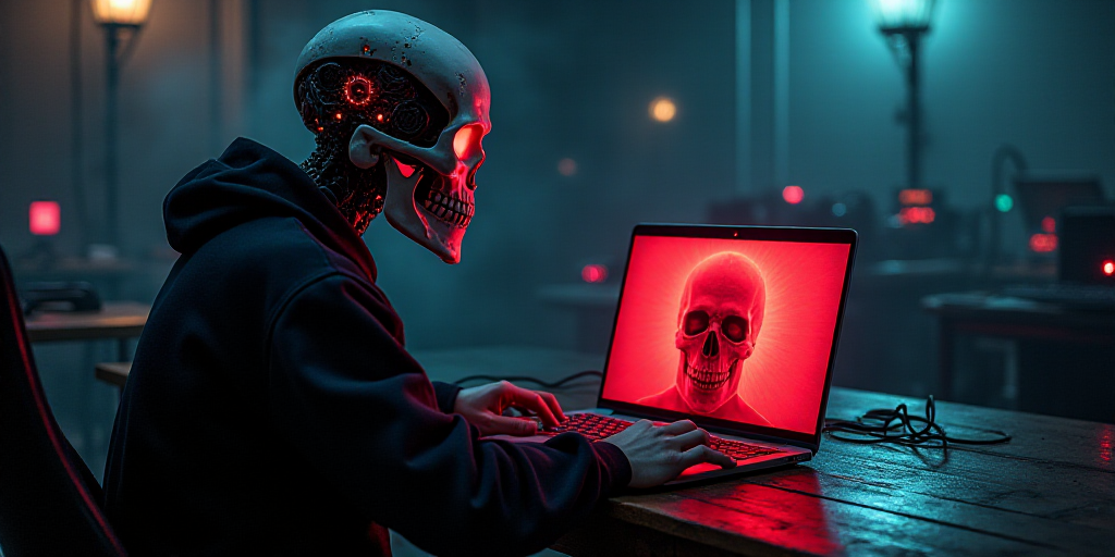 a man sitting in front of a laptop computer with a skull on it's face and a red skull on the screen,