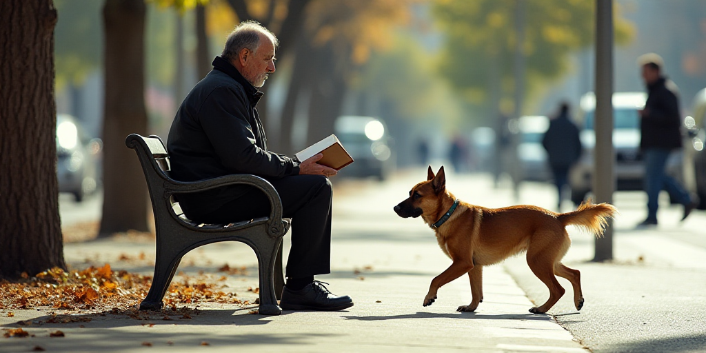 a man sitting on a bench while holding a book in his hands and a dog walking by him on the sidewalk,