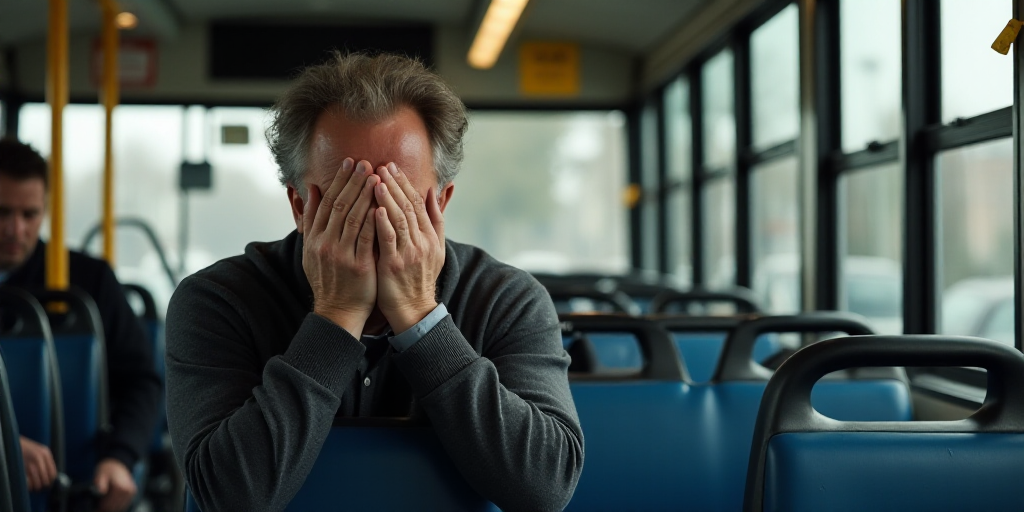 a man sitting on a bus holding his head in his hands and covering his eyes with his hands, with a si