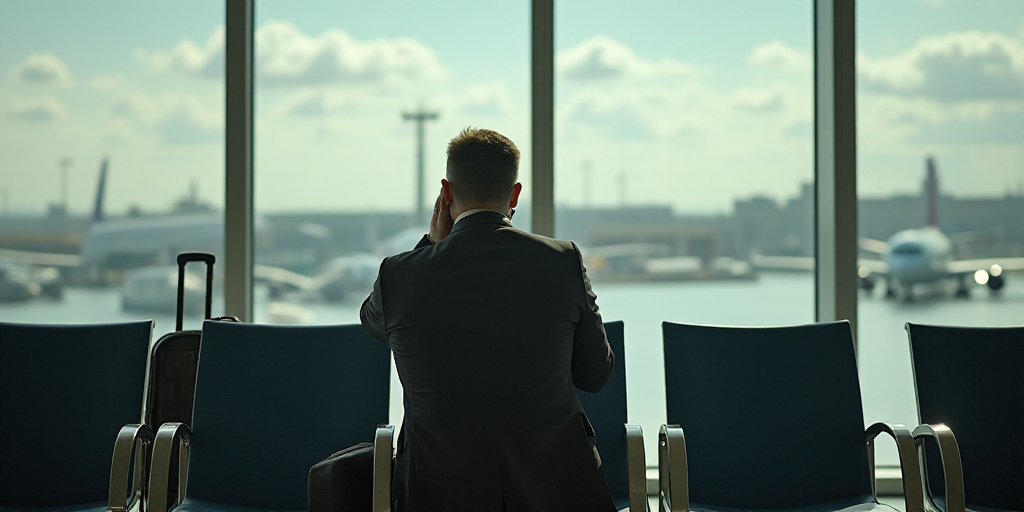 a man sitting on a chair in an airport with his hand to his face and a suitcase in the background, A