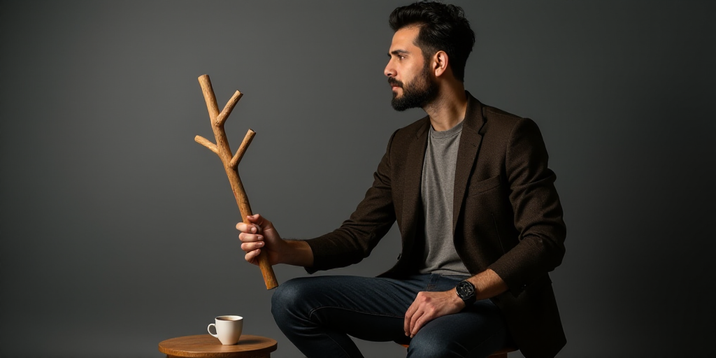 a man sitting on a stool holding a wooden stick in his hand and a cup of coffee in his other hand, B