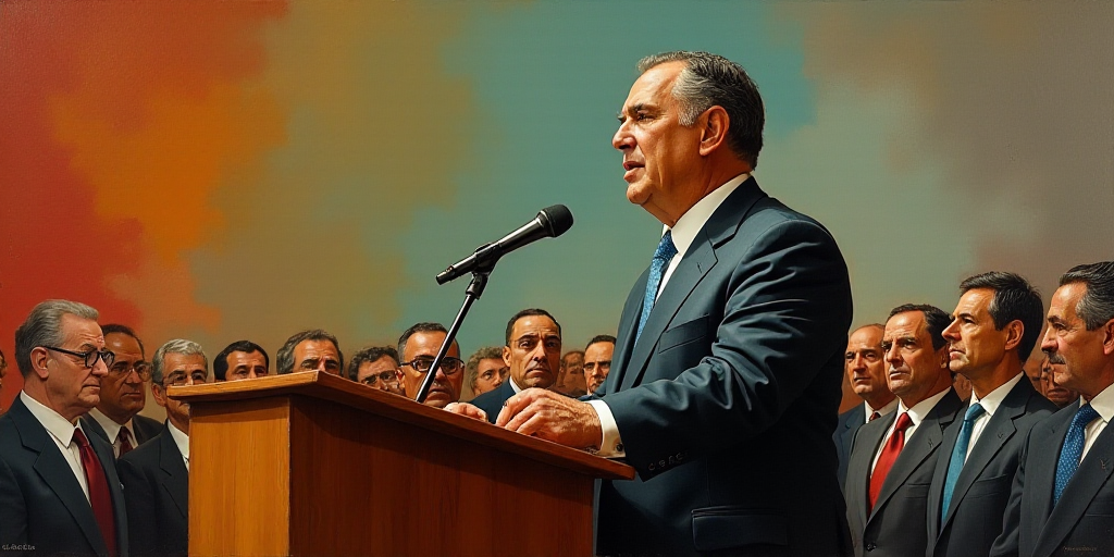 a man speaking at a podium with a crowd watching him and a microphone in front of him with a microph