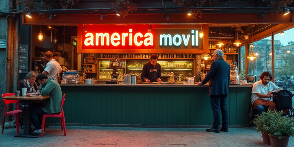 a man standing at a counter in front of a sign that says america movil and people sitting at a table