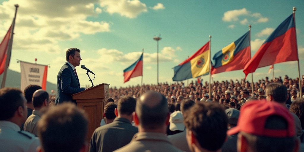 a man standing at a podium giving a speech to a crowd of people in front of a sign with flags, Estua