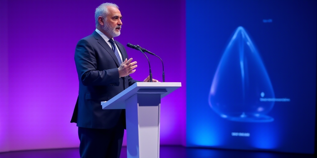 a man standing at a podium giving a speech at a conference hall with a purple background and a blue