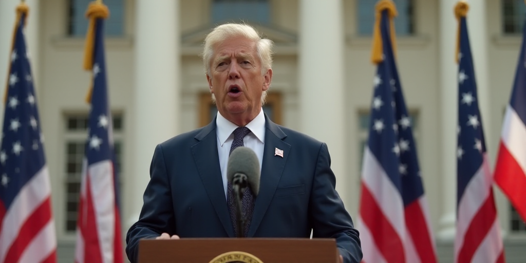 a man standing at a podium in front of a building with flags behind him and a microphone in front of