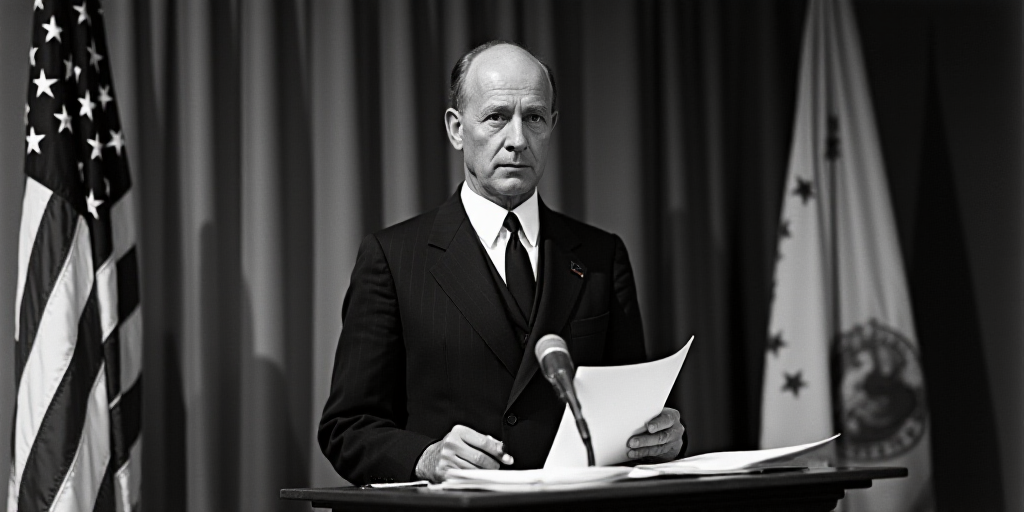 a man standing at a podium in front of flags and a microphone with papers in front of him and a micr