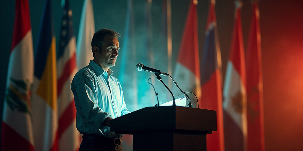 a man standing at a podium in front of flags and a microphone in front of him is a microphone with a