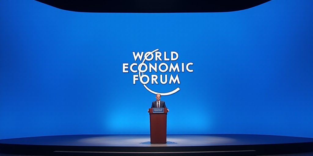 a man standing at a podium in front of a blue wall with a world economic forum logo on it, Dong Qich