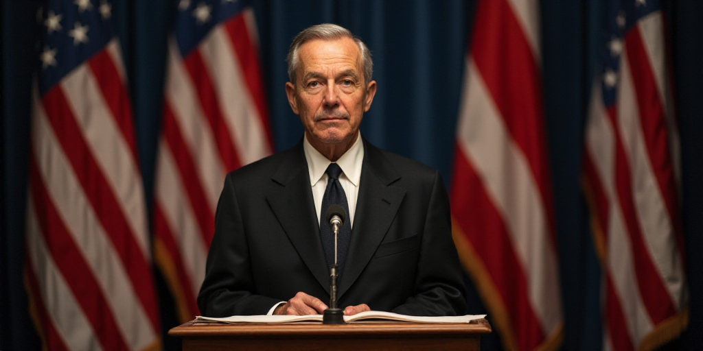 a man standing at a podium in front of flags and a microphone with papers in front of him and a micr