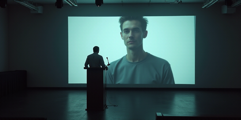a man standing at a podium in front of a projection screen with a picture of a human being on it, Fe