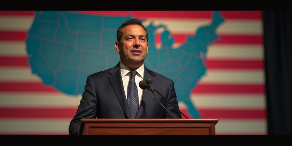 a man standing at a podium in front of a map of the united states and a picture of a man in a suit,