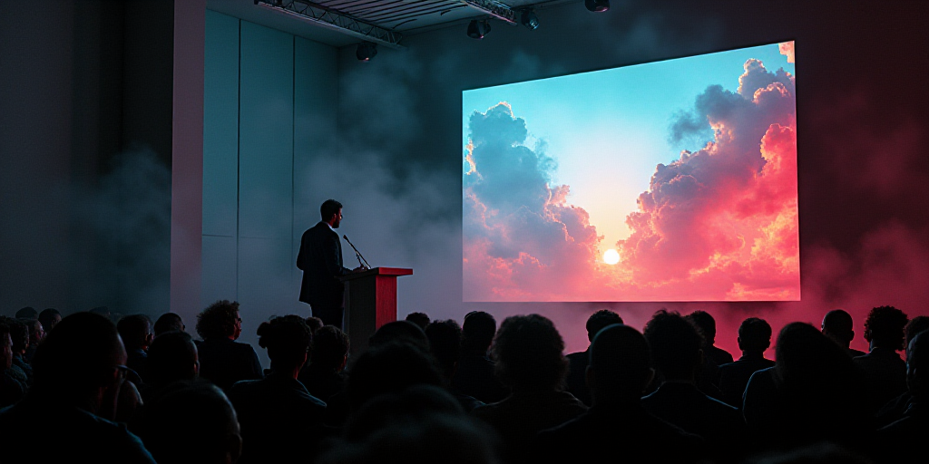 a man standing at a podium in front of a crowd of people in front of a screen with a logo on it, Edu