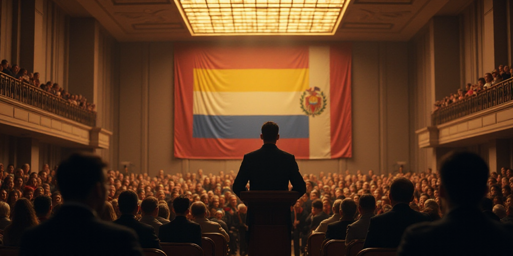 a man standing at a podium in front of a crowd of people in a building with a flag on the wall, Carl
