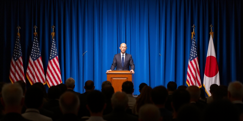 a man standing at a podium in front of a crowd of people in front of a blue curtain with american fl