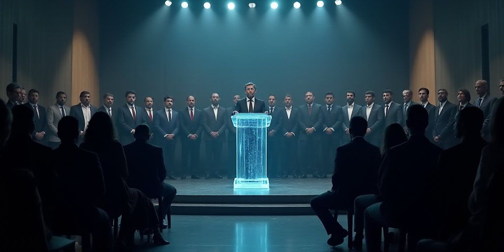 a man standing at a podium in front of a crowd of people in suits and ties, speaking at a podium, Ca