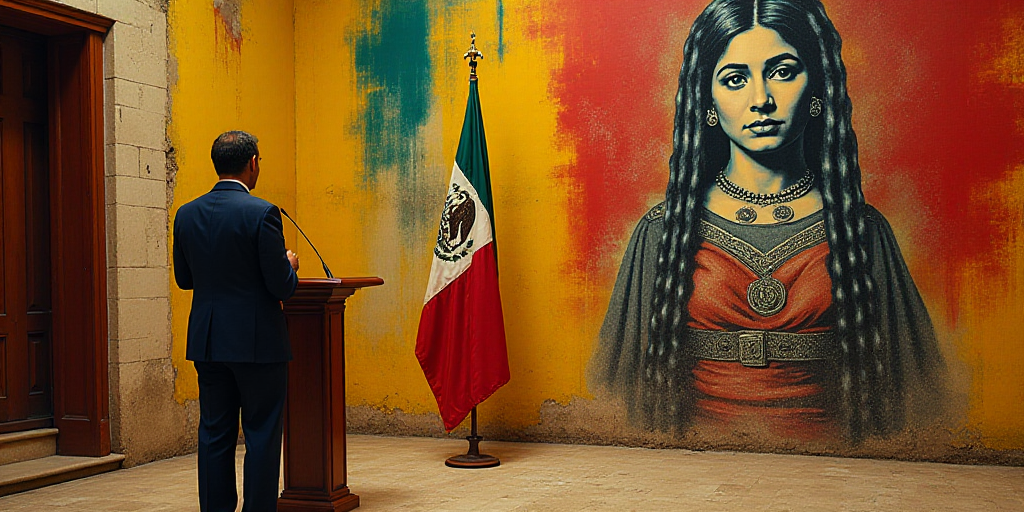 a man standing at a podium in front of a flag and a poster of a woman in mexico on the wall, David A
