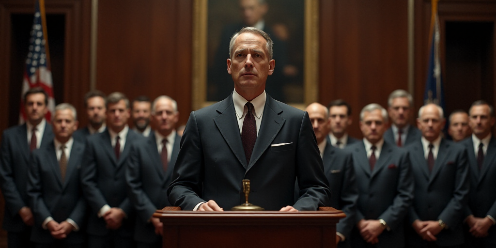a man standing at a podium in front of a group of men in suits and ties standing behind a podium, Ca
