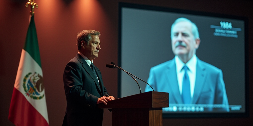 a man standing at a podium with a microphone in front of him and a flag behind him with a man in a s