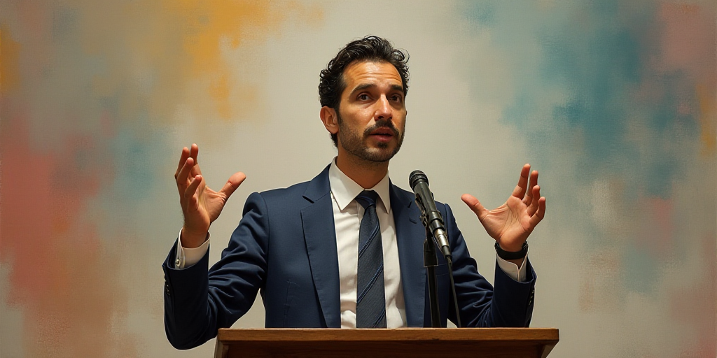 a man standing at a podium with his hands up in front of him and a microphone in front of him, Ánge
