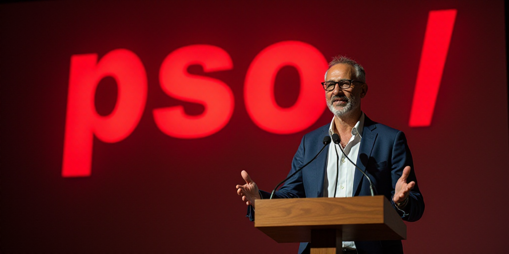 a man standing at a podium with a microphone in front of a red sign that says psoe / /, Carles Delcl