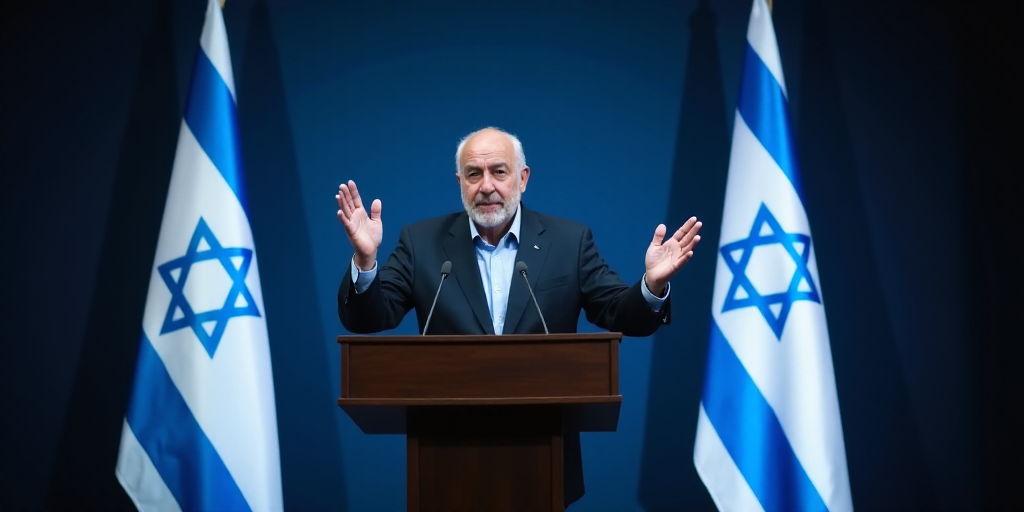 a man standing at a podium with his hands up in front of him and two israeli flags behind him, Avigd