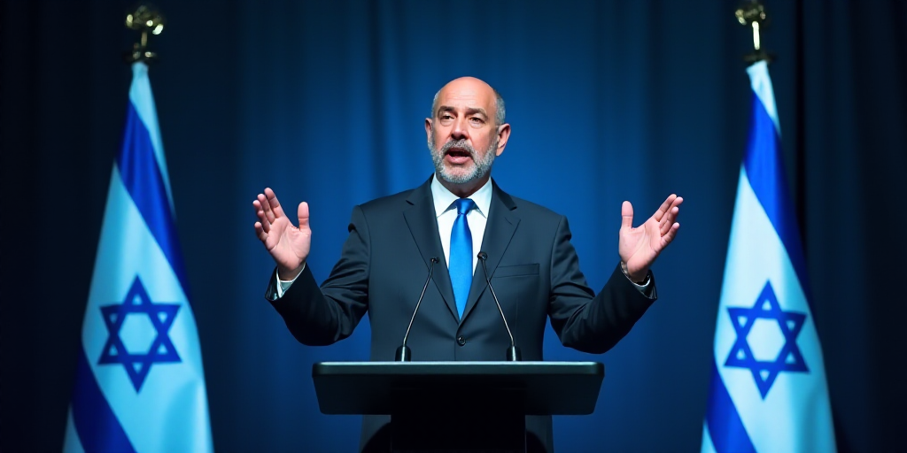 a man standing at a podium with his hands up in front of him and two israeli flags behind him, Avigd