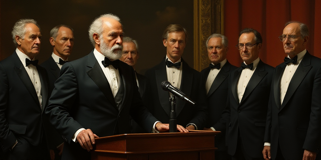 a man standing at a podium with other men behind him in suits and ties, all looking at a microphone,