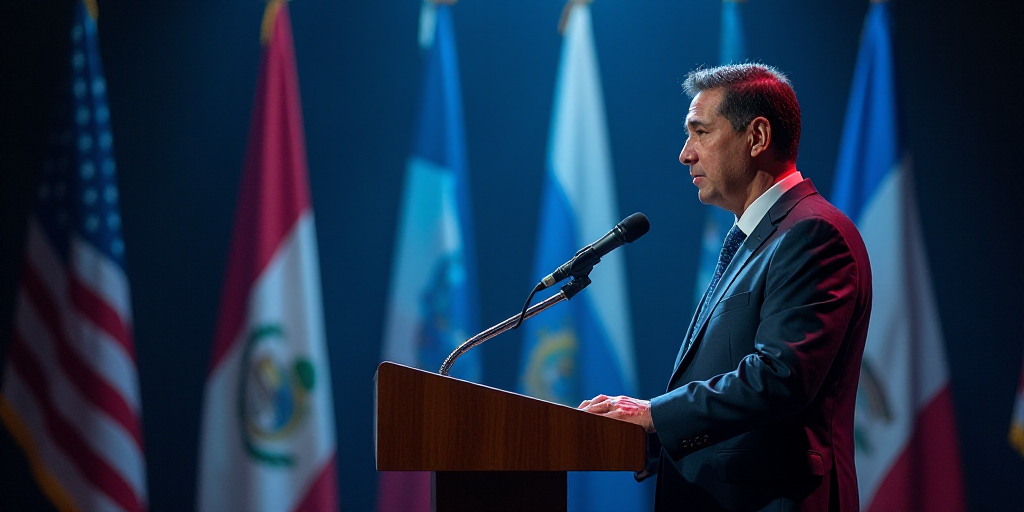 a man standing at a podium with a microphone in front of him and flags behind him in the background,