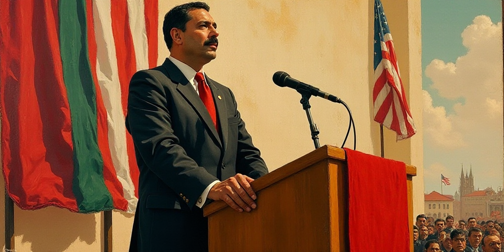 a man standing at a podium with a microphone in front of him and a flag behind him in the background