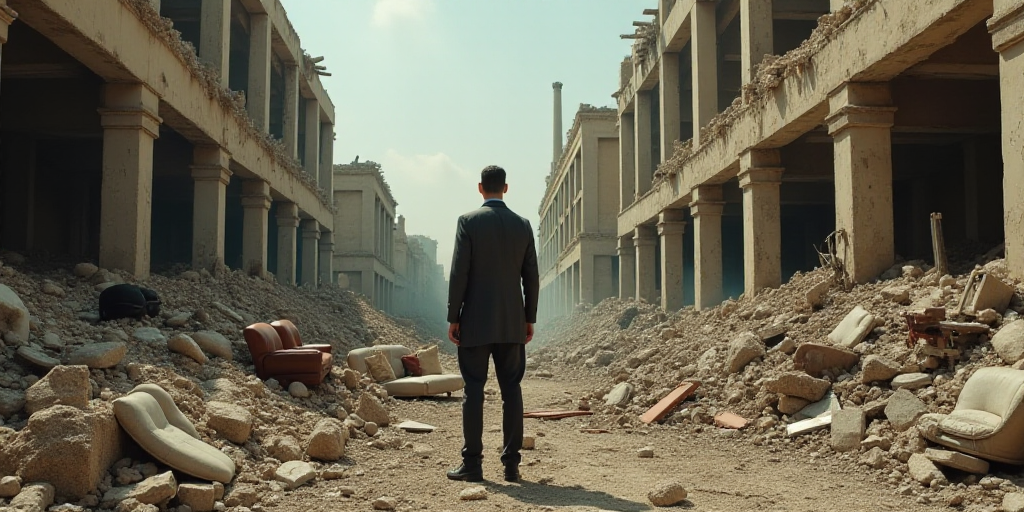 a man standing in a destroyed building with debris everywhere around him and a pile of furniture and