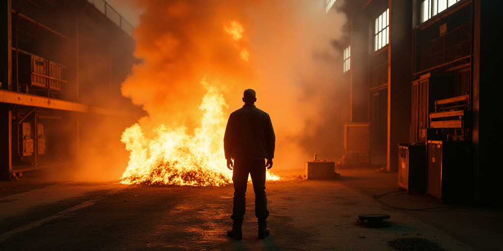 a man standing in a factory with a lot of fire in the air and a lot of smoke coming out of the back