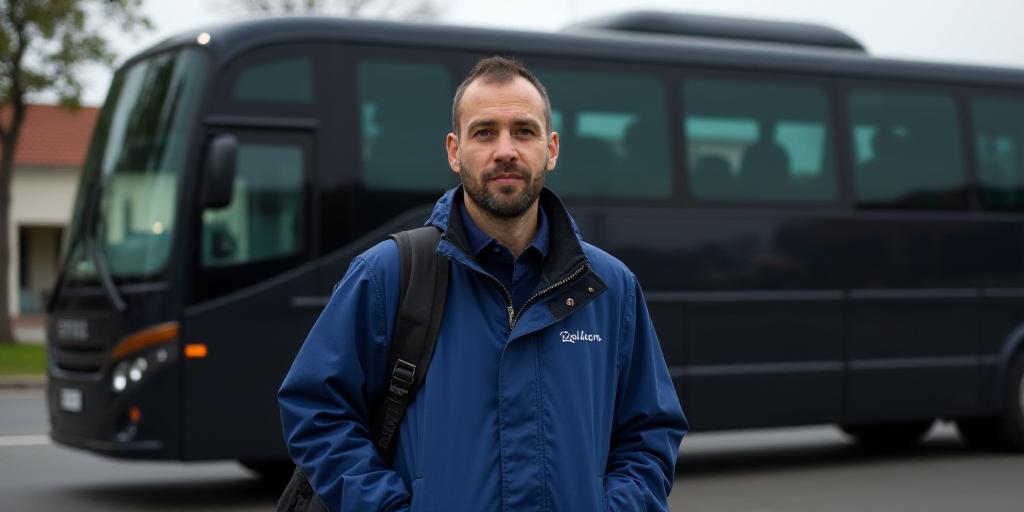 a man standing in front of a black bus with a blue jacket on and a black bag on his shoulder, Carlos
